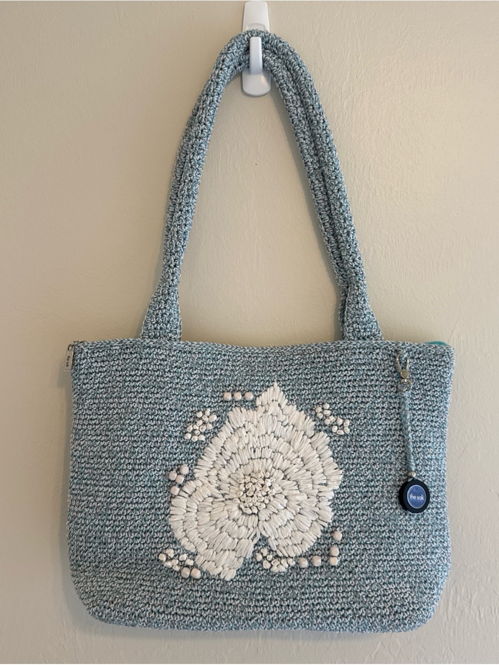 The Sak Crochet Tote Bag Blue Gray Flower Applique Beaded Boho
